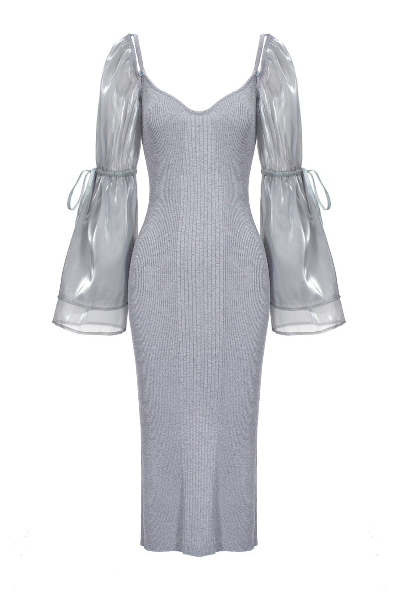 Reflective knit dress with detachable sleeves in organza - opal grey