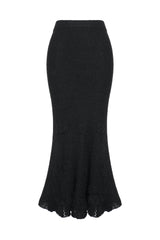 Mohair-blend long skirt with crocheted flowers - black