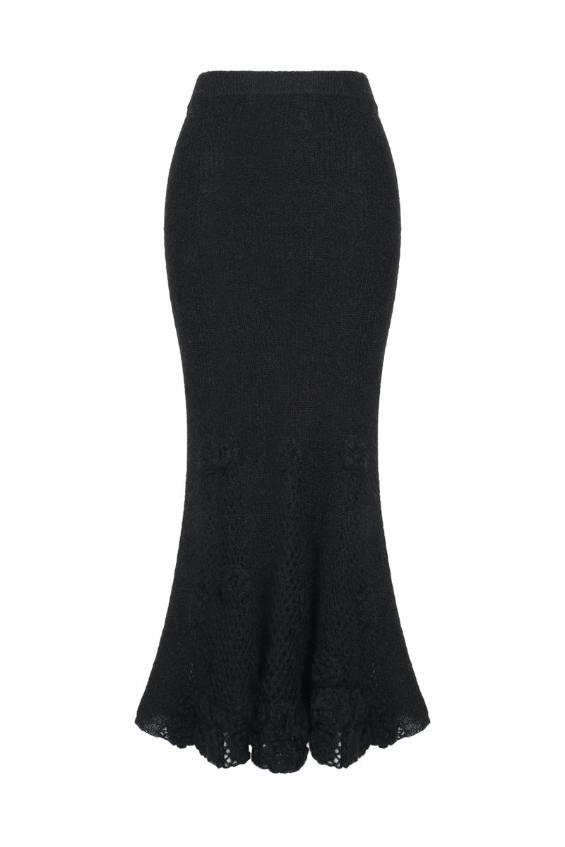 Mohair-blend long skirt with crocheted flowers - black
