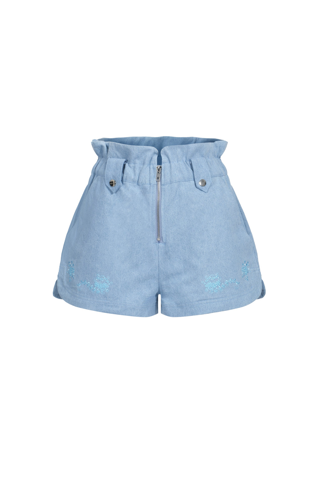 High-waisted denim shorts with embroidery - Light blue