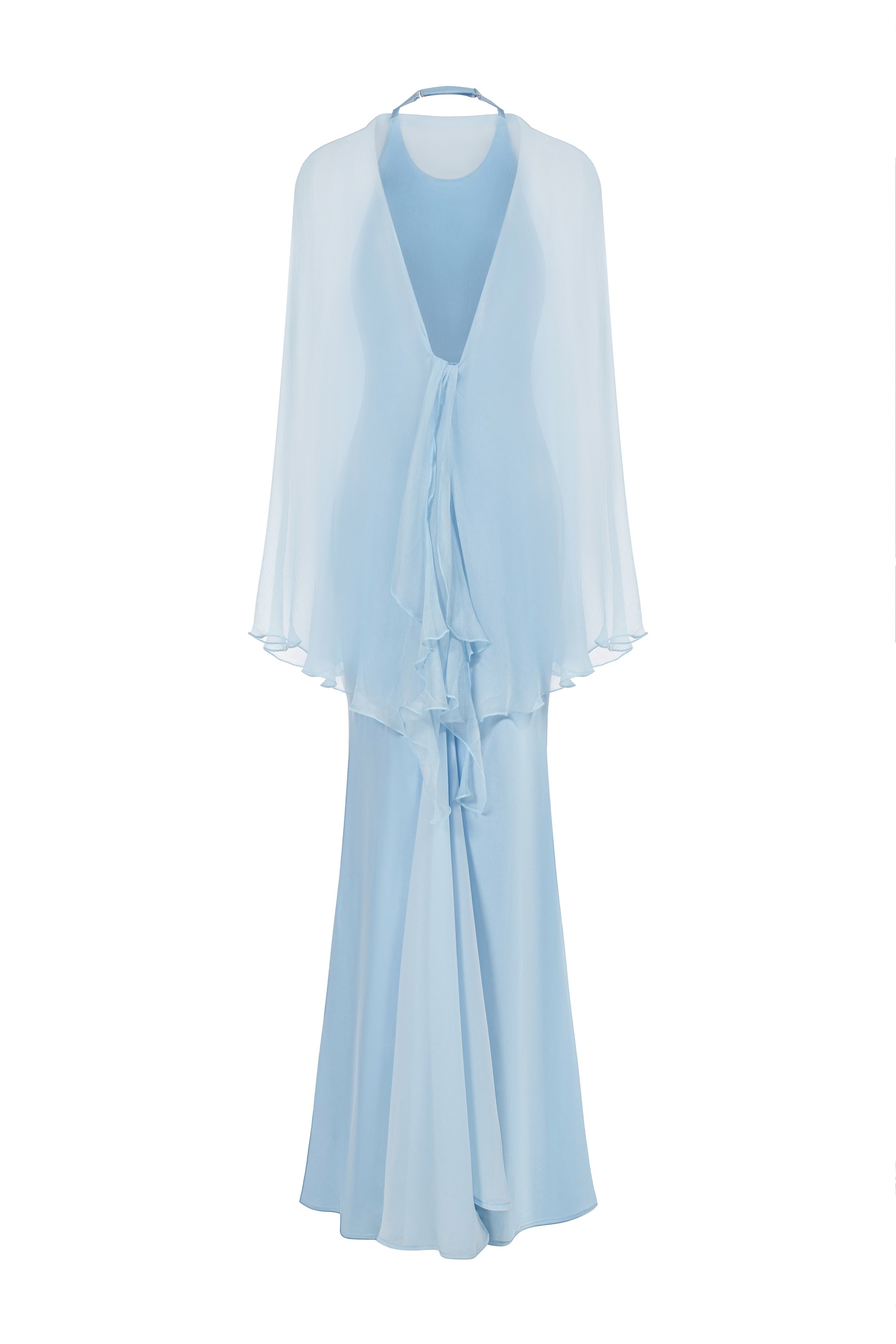 Robe longue en satin avec étole en chiffon - Bleu