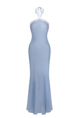 蕾絲緞面縐紗繞頸中長洋裝 - 銀藍色