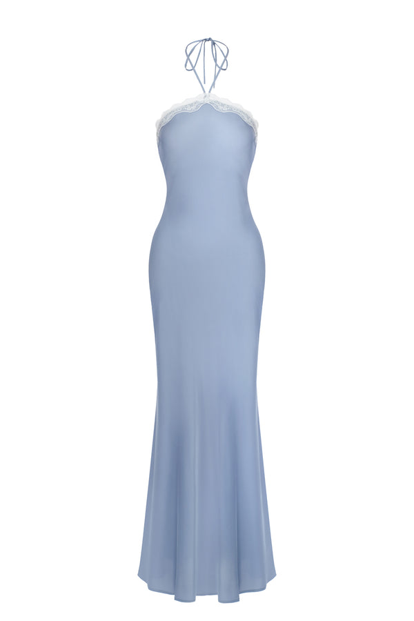 蕾絲緞面縐紗繞頸中長洋裝 - 銀藍色