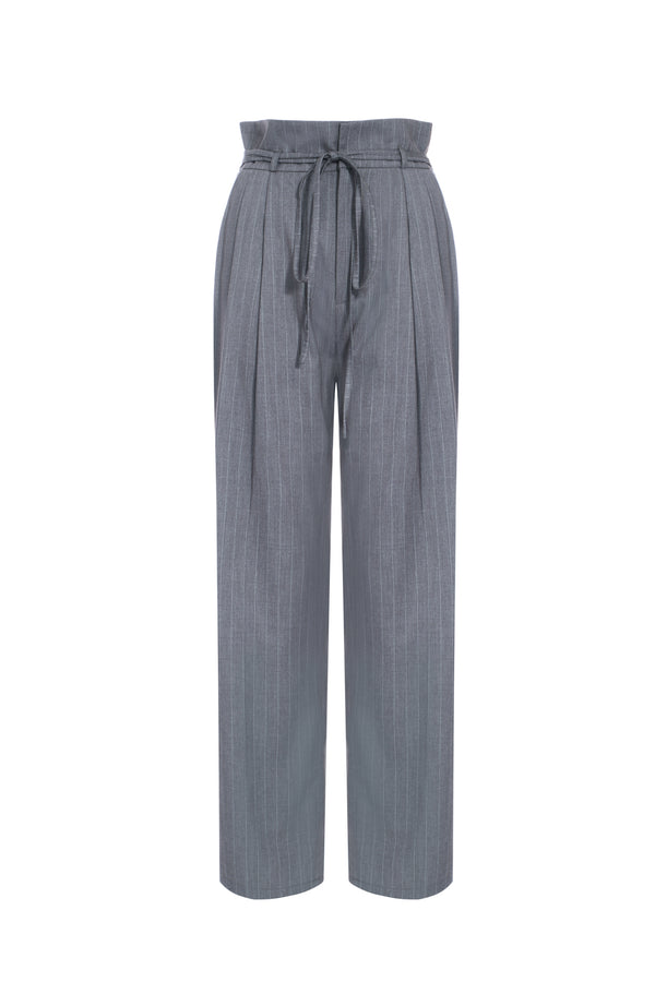 Pantalon droit taille haute à rayures et à plis- gris