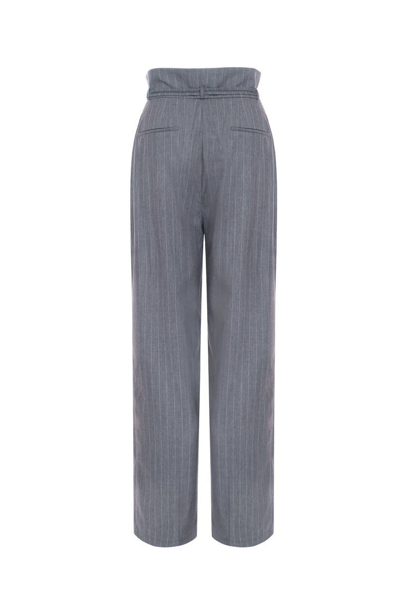 Pantalon droit taille haute à rayures et à plis- gris