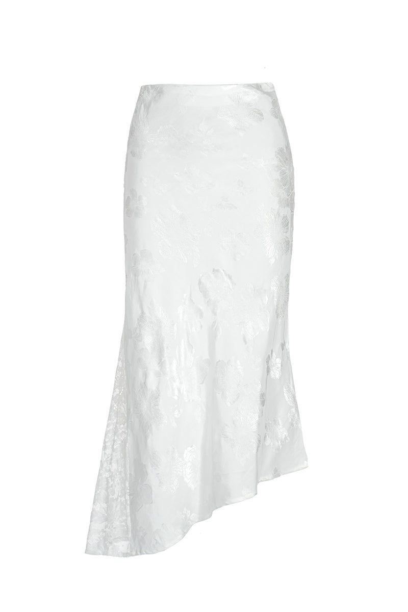 Asymmetric Lace-trimmed Satin Jacquard Skirt White