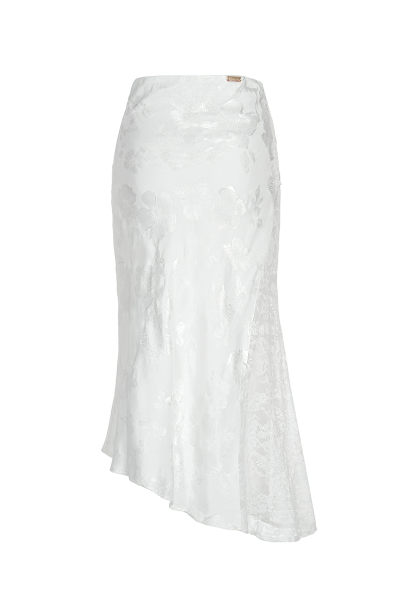 蕾絲提花緞面不對稱半身裙 - 白色