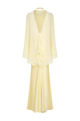 Long satin dress with chiffon stole - pale yellow