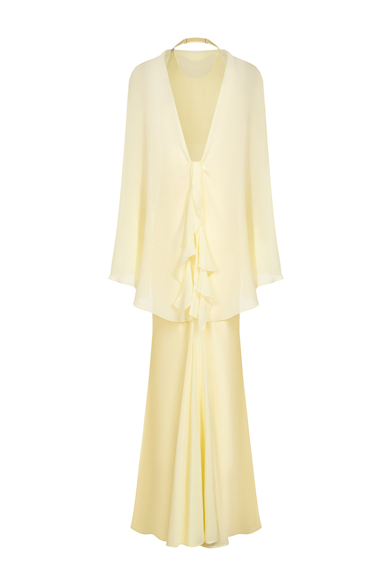 Long satin dress with chiffon stole - pale yellow