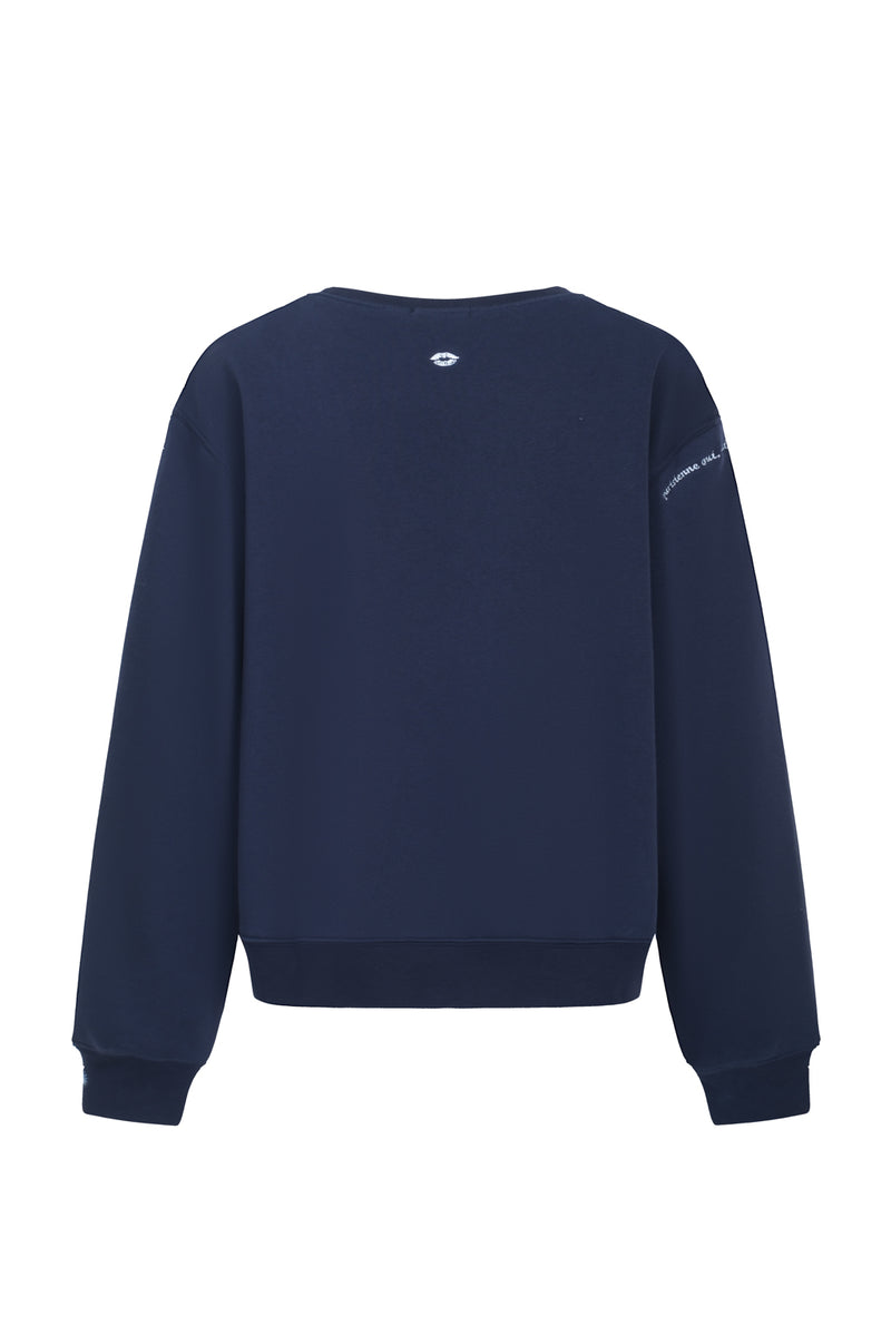 Embroidered cotton blend jersey sweatshirt - navy blue