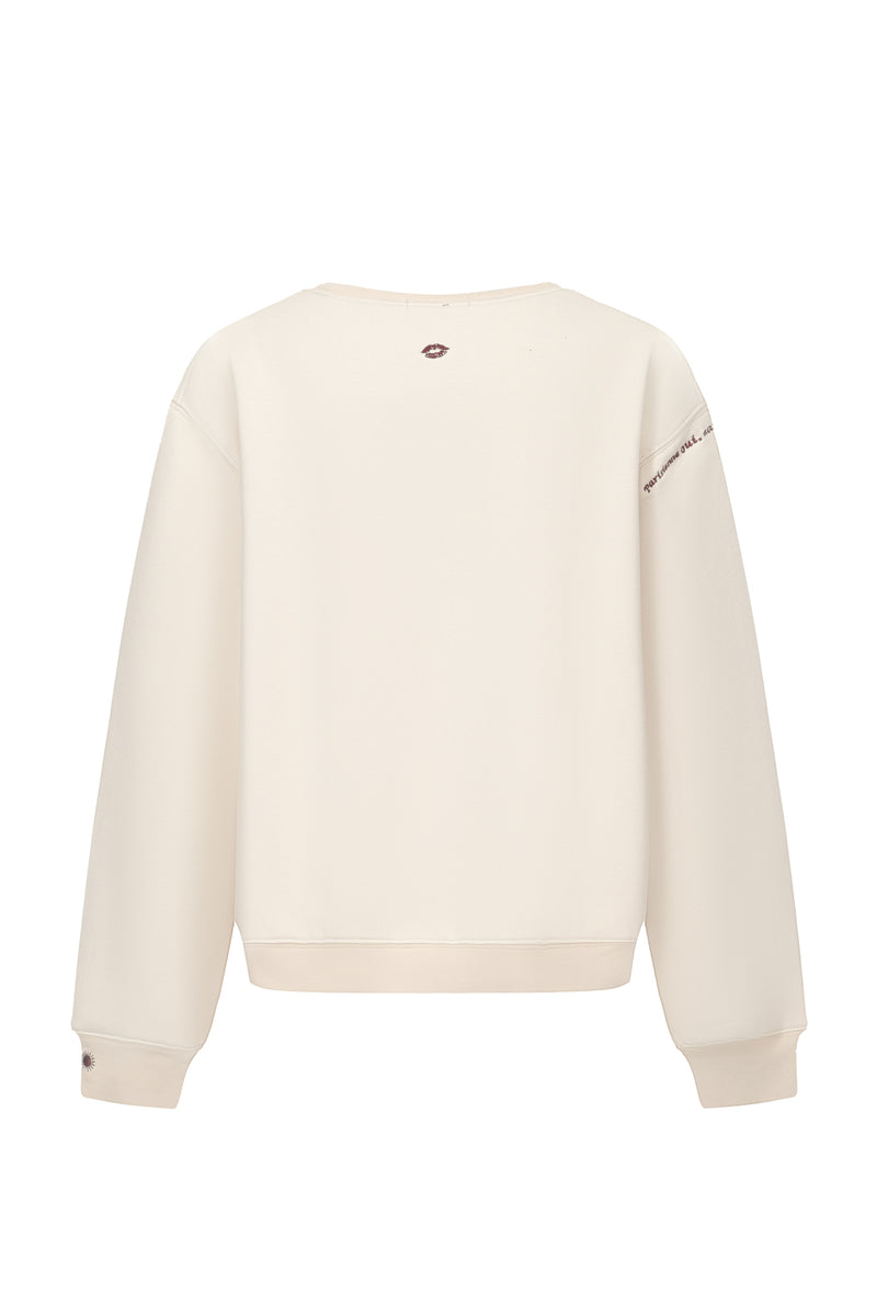 Embroidered cotton blend jersey sweatshirt - beige