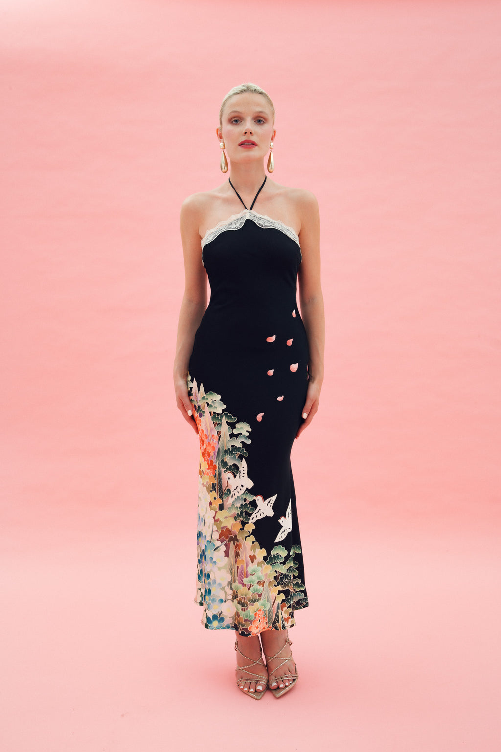 Long printed satin halter dress black Long printed satin halter dress black