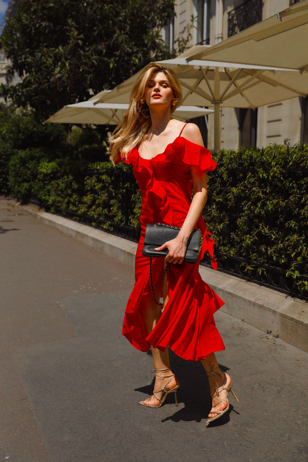 Asymmetric Ruffle-Trimmed Chiffon Midi Dress Red