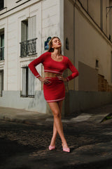 Short Cropped Loop Knit Top - Cherry Red