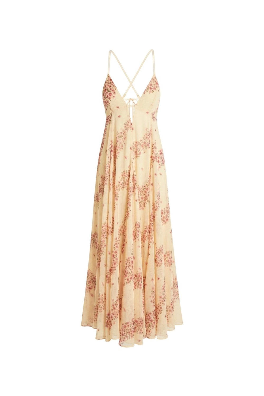 Robe dos nu fluide en mousseline beige et rose à imprimé d’inspiration asiatique par la marque parisienne Phème Paris, photographiée sur la côte du Sud de la France, idéale pour les vacances, les cérémonies d’été et les mariages de destination.