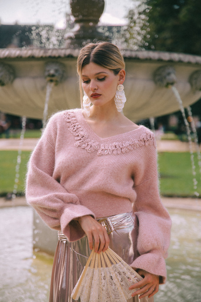 Mohair and wool sweater with crochet - Pale pink