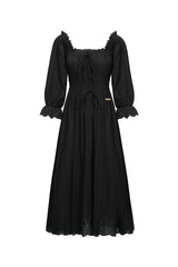 Smocked Puff Sleeve Cotton Midi Dress Black