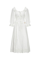 Smocked Puff Sleeve Cotton Midi Dress White