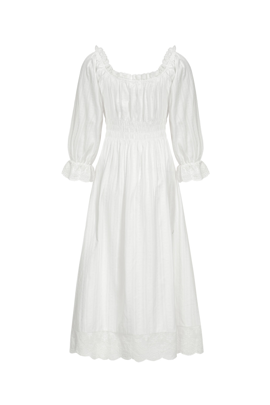 Robe Midi Smockée en Coton à Manche Bouffante - Blanc