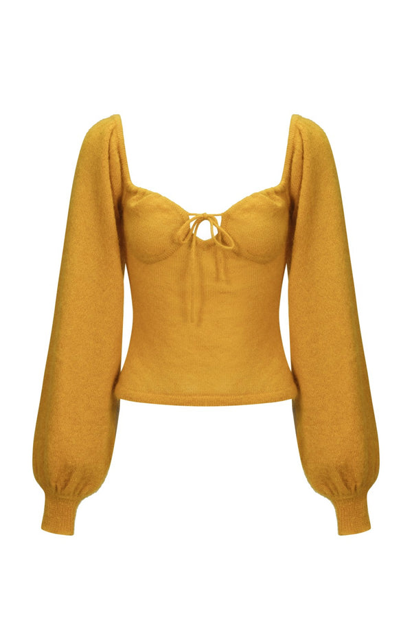 安哥拉山羊毛泡泡袖針織上衣 - 橙黃色