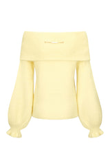Oversize Off-shoulder Pullover with Flowers in Pastel Yellow