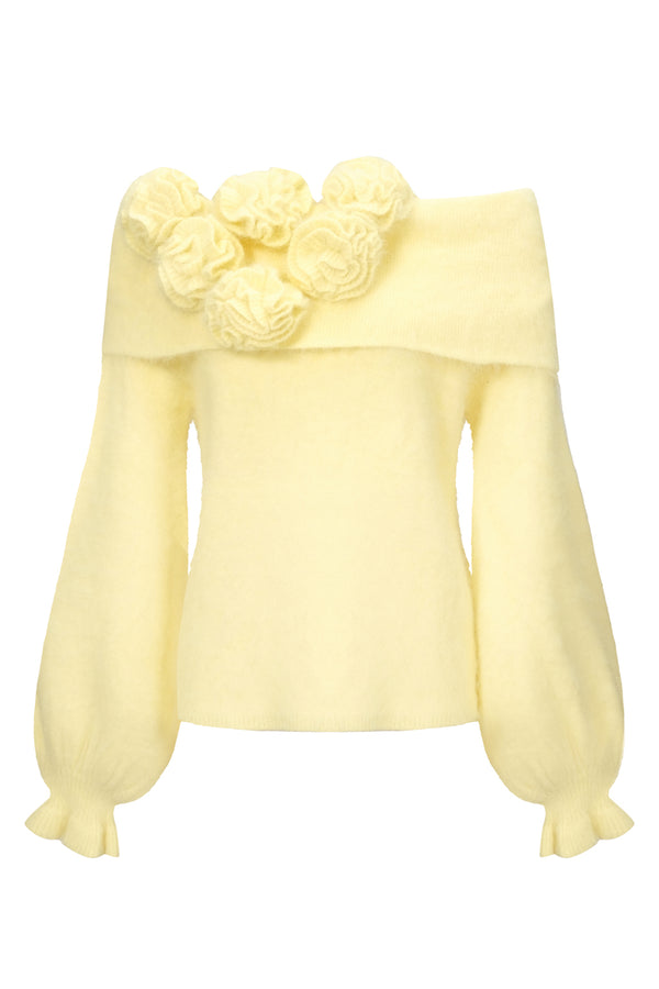 立體花卉毛絨寬鬆針織毛衣 - 黃色  