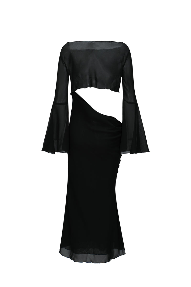 Draped Cut-out Chiffon Midi Dress Black