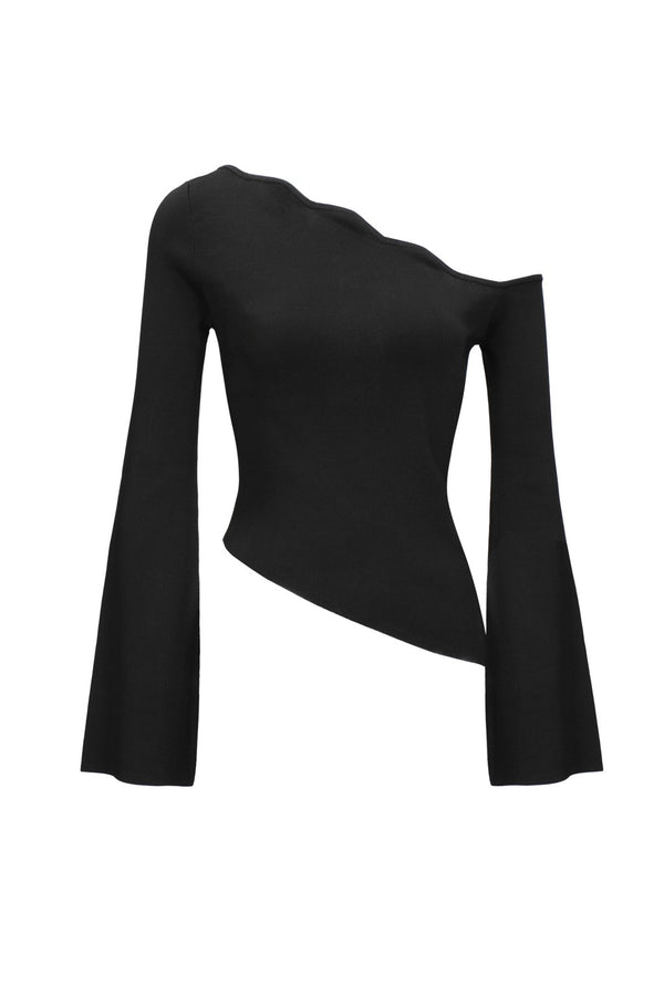 Asymmetrical Wavy Collar Knit Top in Black