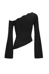 Asymmetrical Wavy Collar Knit Top in Black