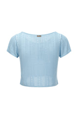 T-shirt en Maille Ajourée Bleu Ciel