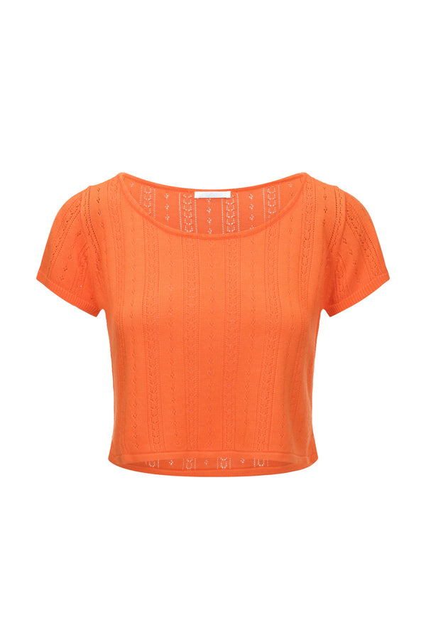 網眼針織短版 T-shirt - 橘色
