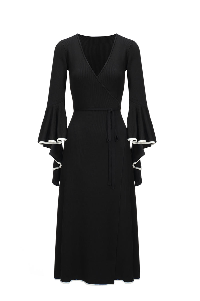 Wrap Dress with Ruffled Sleeve in Black