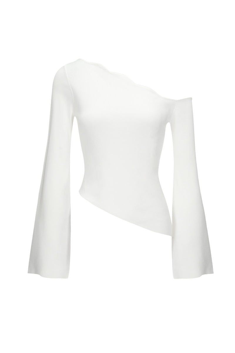Asymmetrical Wavy Collar Knit Top in Off White