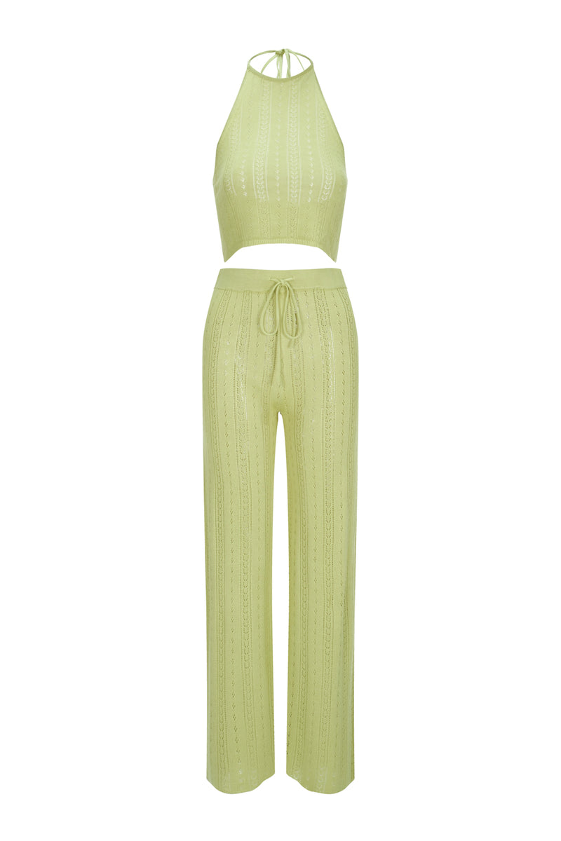 Perforated Knit Uniform Halter Top and Pants Apple Green