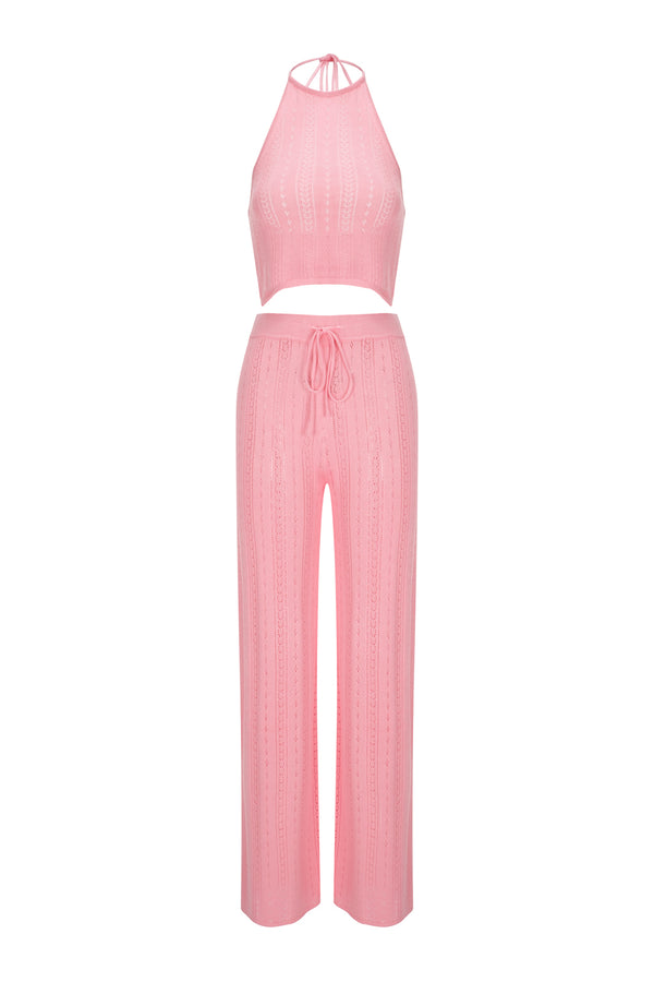 Perforated Knit Uniform Halter Top and Pants Flamingo Pink