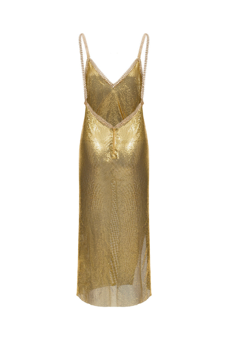 Open-back Chainmail Draped Midi Dress Gold
