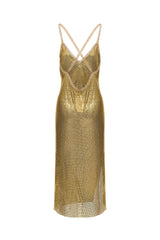 Open-back Chainmail Draped Midi Dress Gold