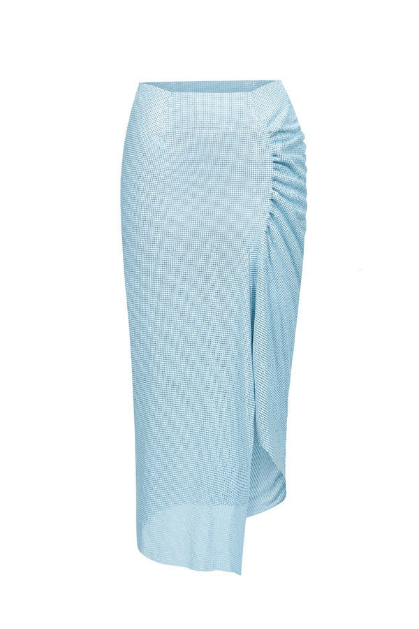 Asymmetrical Chainmail Draped Midi Skirt Laser Blue