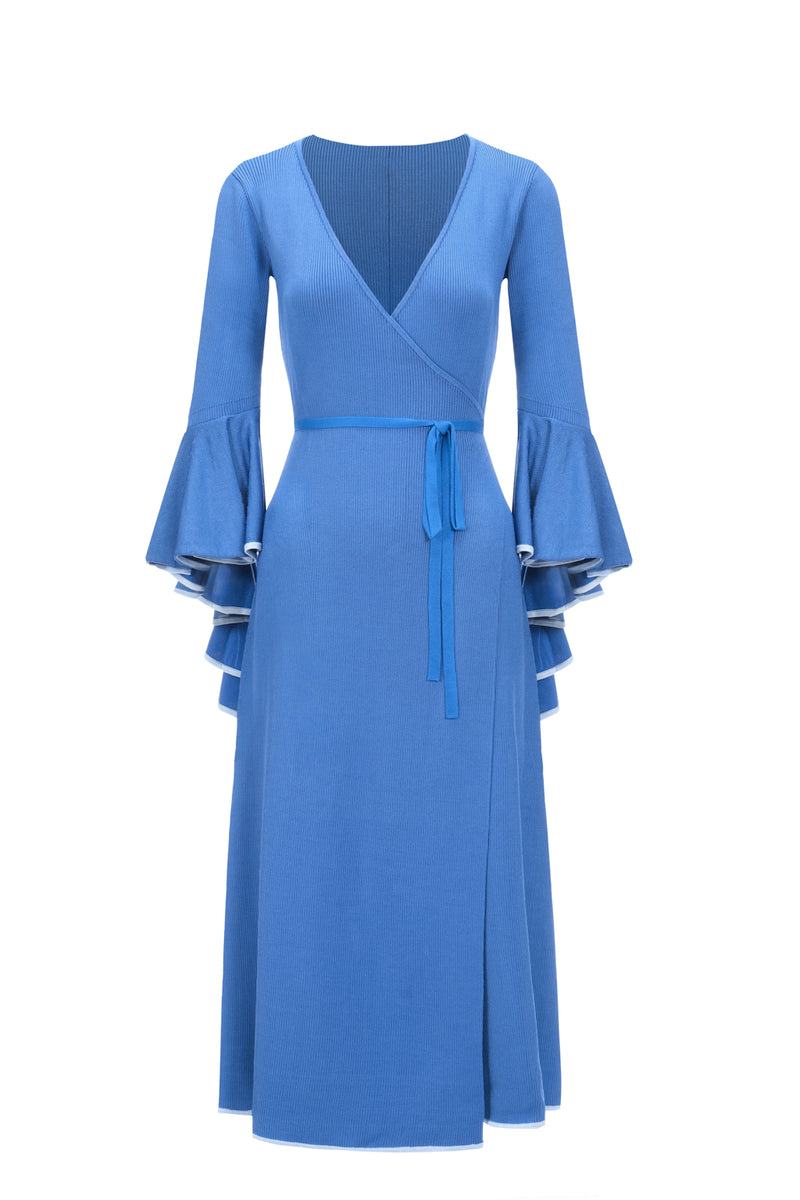 Wrap Dress with Ruffled Sleeve in Blue