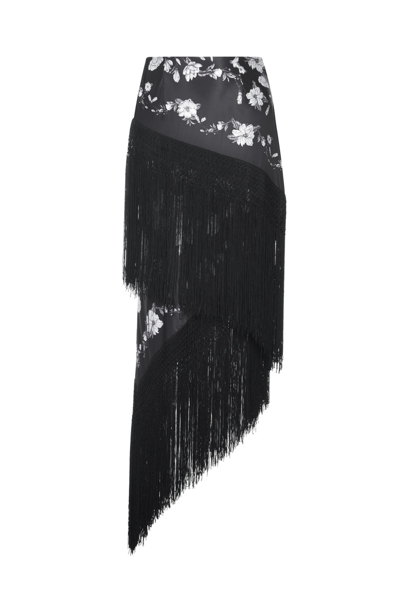 Asymmetrical Fringed Print Skirt in Poppy
