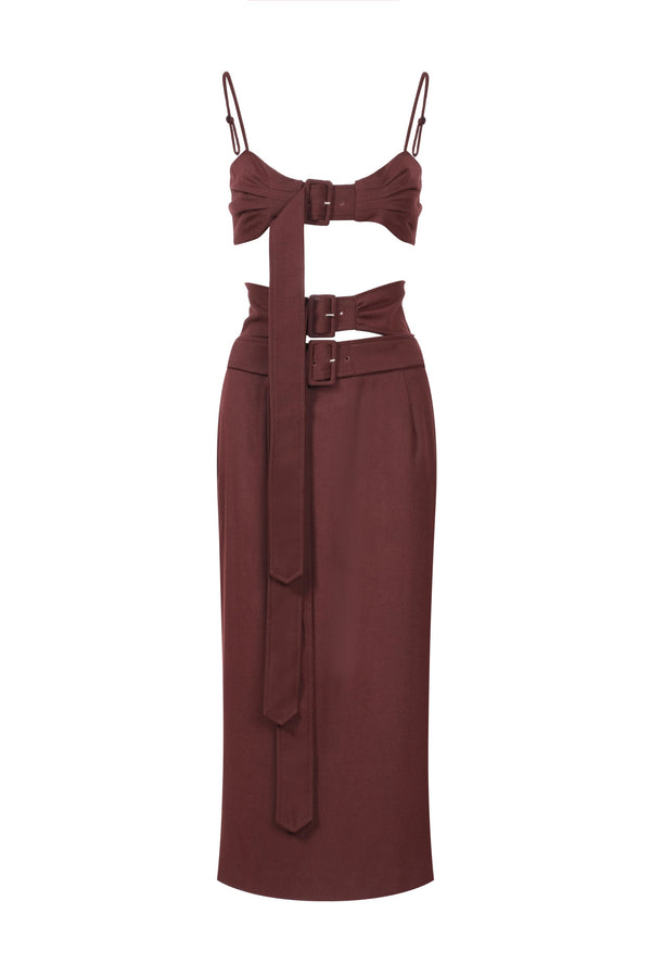 Two-piece Dress with Triple Belts in Tobacco