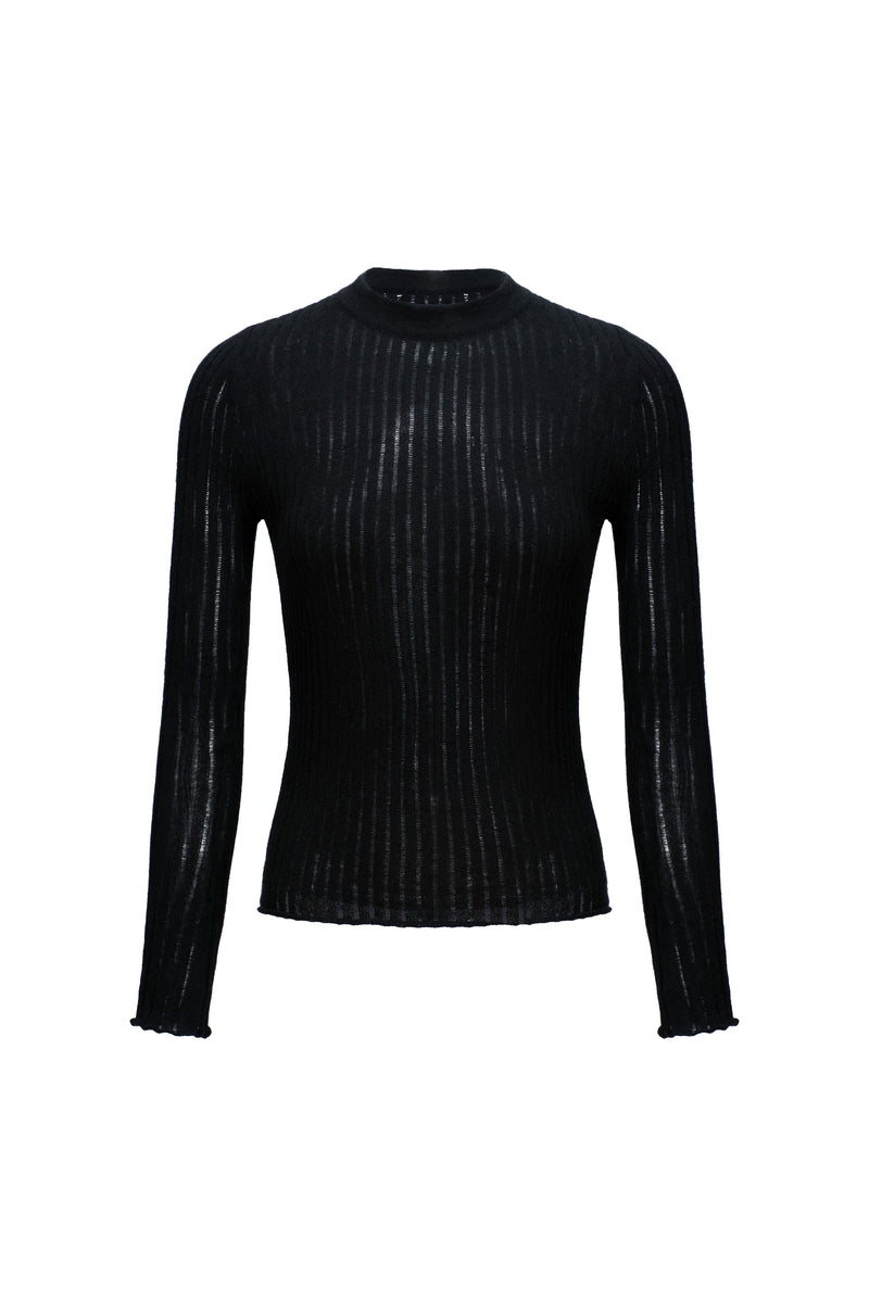 Pure Cashmere Ribbed Knit Pullover in Black