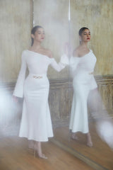 Stretch Crepe Midi Gored Skirt in White