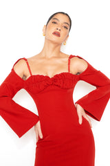 Open Sleeve Midi Dress in Tomato Red